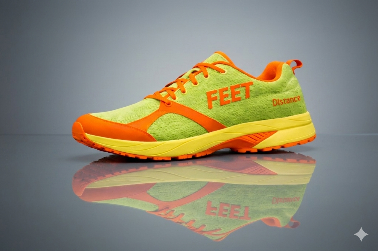 Brightly colored running shoe with 'FEET' branding on a reflective surface.